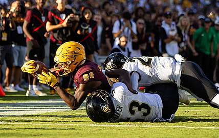 Oct 7, 2023; Tempe, Arizona, USA; Arizona State Sun Devils wide receiver Andre Johnson (82) dives towards the goal line against the Colorado Buffaloes in the first half at Mountain America Stadium. Mandatory Credit: Mark J. Rebilas-USA TODAY Sports