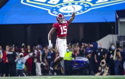 Dec 31, 2021; Arlington, Texas, USA; Alabama Crimson Tide linebacker Dallas Turner (15) reacts during the first half against the Cincinnati Bearcats in the 2021 Cotton Bowl college football CFP national semifinal game at AT&T Stadium. Mandatory Credit: Kevin Jairaj-USA TODAY Sports