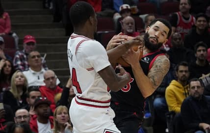 Nov 7, 2022; Chicago, Illinois, USA; Chicago Bulls forward Javonte Green (24) and Toronto Raptors guard Fred VanVleet (23) go for the ball during the first half at United Center. Mandatory Credit: David Banks-USA TODAY Sports