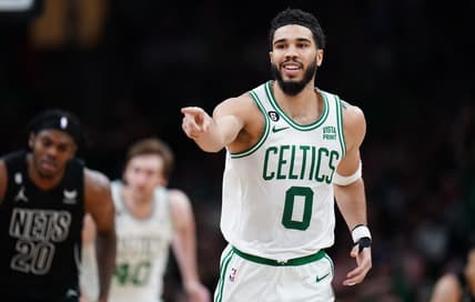 Feb 1, 2023; Boston, Massachusetts, USA; Boston Celtics forward Jayson Tatum (0) reacts after his three point basket against the Brooklyn Nets in the second half at TD Garden. Mandatory Credit: David Butler II-USA TODAY Sports