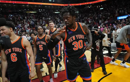 Mar 3, 2023; Miami, Florida, USA;  New York Knicks forward Julius Randle (30) salutes the victory over the Miami Heat after his last second shot gave the Knicks the win at Miami-Dade Arena. Mandatory Credit: Jim Rassol-USA TODAY Sports