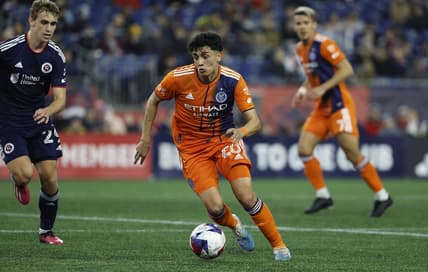Apr 1, 2023; Foxborough, Massachusetts, USA; New York City midfielder Richard Ledezma (20) against the New England Revolution during the first half at Gillette Stadium. Mandatory Credit: Winslow Townson-USA TODAY Sports
