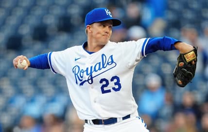 Apr 5, 2023; Kansas City, Missouri, USA; Kansas City Royals starting pitcher Zack Greinke (23) pitches during the first inning against the Toronto Blue Jays at Kauffman Stadium. Mandatory Credit: Jay Biggerstaff-USA TODAY Sports