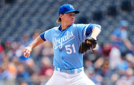 Apr 19, 2023; Kansas City, Missouri, USA; Kansas City Royals starting pitcher Brady Singer (51) pitches during the second inning against the Texas Rangers at Kauffman Stadium. Mandatory Credit: Jay Biggerstaff-USA TODAY Sports
