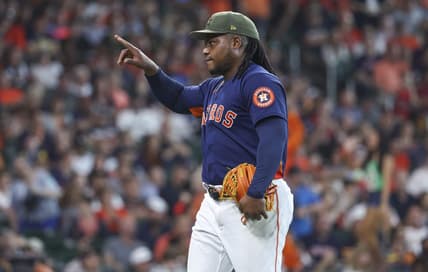 May 21, 2023; Houston, Texas, USA; Houston Astros starting pitcher Framber Valdez (59) walks off the mound after pitching during the seventh inning against the Oakland Athletics at Minute Maid Park. Mandatory Credit: Troy Taormina-USA TODAY Sports