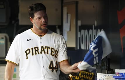 May 23, 2023; Pittsburgh, Pennsylvania, USA; Pittsburgh Pirates starting pitcher Rich Hill (44) reacts in the dugout after being removed from the game against the Texas Rangers during the sixth inning at PNC Park. Mandatory Credit: Charles LeClaire-USA TODAY Sports