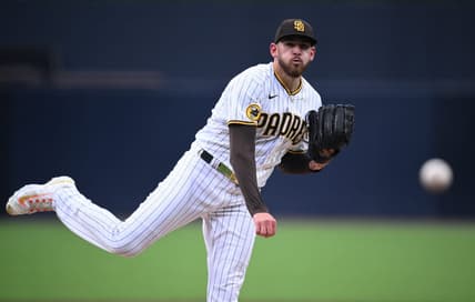 Jun 13, 2023; San Diego, California, USA; San Diego Padres starting pitcher Joe Musgrove (44) throws a pitch against the Cleveland Guardians during the first inning at Petco Park. Mandatory Credit: Orlando Ramirez-USA TODAY Sports
