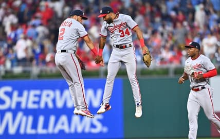 Jun 30, 2023; Philadelphia, Pennsylvania, USA; Washington Nationals second baseman Luis Garcia (2) and outfielder Derek Hill (34) celebrate after the game against the Philadelphia Phillies at Citizens Bank Park. Mandatory Credit: Kyle Ross-USA TODAY Sports