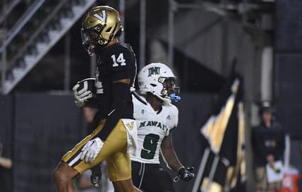 Aug 26, 2023; Nashville, Tennessee, USA; Vanderbilt Commodores wide receiver Will Sheppard (14) catches a touchdown pass during the first half against the Hawaii Warriors at FirstBank Stadium. Mandatory Credit: Christopher Hanewinckel-USA TODAY Sports