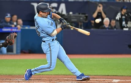 Aug 28, 2023; Toronto, Ontario, CAN;  Toronto Blue Jays third baseman Davis Schneider (36) hits an RBI single against the Washington National in the second inning at Rogers Centre. Mandatory Credit: Dan Hamilton-USA TODAY Sports