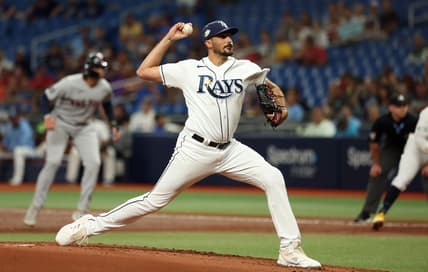 Sep 5, 2023; St. Petersburg, Florida, USA; Tampa Bay Rays starting pitcher Zach Eflin (24) throws  a pitch against the Boston Red Sox during the second inning at Tropicana Field. Mandatory Credit: Kim Klement Neitzel-USA TODAY Sports