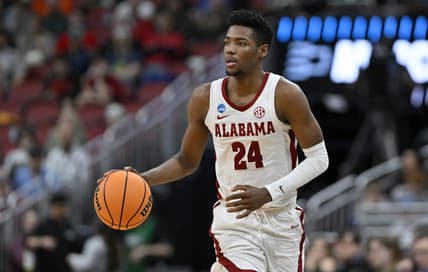 Mar 24, 2023; Louisville, KY, USA; Alabama Crimson Tide forward Brandon Miller (24) dribbles during the second half of the NCAA tournament round of sixteen against the San Diego State Aztecs at KFC YUM! Center. Mandatory Credit: Jamie Rhodes-USA TODAY Sports