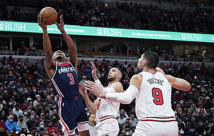 Jan 7, 2022; Chicago, Illinois, USA; Chicago Bulls guard Zach LaVine (8) defends Washington Wizards guard Bradley Beal (3) during the second half at United Center. Mandatory Credit: David Banks-USA TODAY Sports