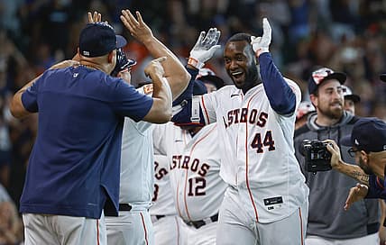 Jul 4, 2022; Houston, Texas, USA; Houston Astros designated hitter Yordan Alvarez (44) celebrates after hitting a walk-off home run during the ninth inning against the Kansas City Royals at Minute Maid Park. Mandatory Credit: Troy Taormina-USA TODAY Sports