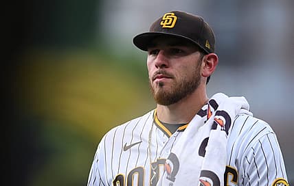 Aug 9, 2022; San Diego, California, USA; San Diego Padres starting pitcher Joe Musgrove (44) looks on before the game against the San Francisco Giants at Petco Park. Mandatory Credit: Orlando Ramirez-USA TODAY Sports