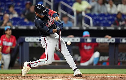 Aug 13, 2022; Miami, Florida, USA; Atlanta Braves shortstop Vaughn Grissom (18) hits a two-run home run in the fifth inning against the Miami Marlins at loanDepot Park. Mandatory Credit: Jim Rassol-USA TODAY Sports