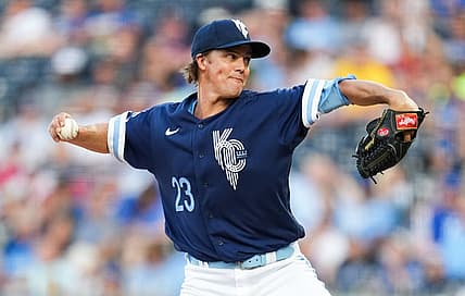 Aug 5, 2022; Kansas City, Missouri, USA; Kansas City Royals starting pitcher Zack Greinke (23) pitches against the Boston Red Sox during the first inning at Kauffman Stadium. Mandatory Credit: Jay Biggerstaff-USA TODAY Sports
