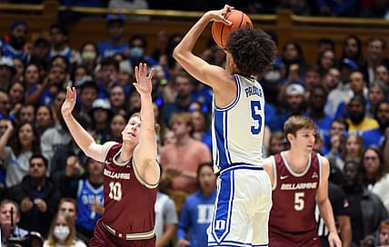 Nov 21, 2022; Durham, North Carolina, USA;  Duke Blue Devils guard Tyrese Proctor(5) shoots over Bellarmine Knights guard Garrett Tipton (10) during the first half at Cameron Indoor Stadium. Mandatory Credit: Rob Kinnan-USA TODAY Sports