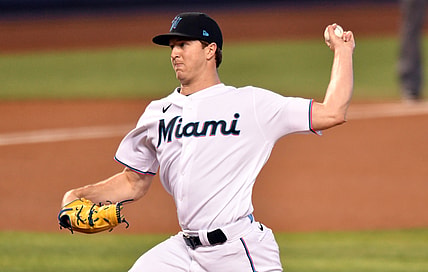 Apr 21, 2021; Miami, Florida, USA; Miami Marlins starting pitcher Trevor Rogers (28) pitches against the Baltimore Orioles in the first inning at loanDepot Park. Mandatory Credit: Jim Rassol-USA TODAY Sports
