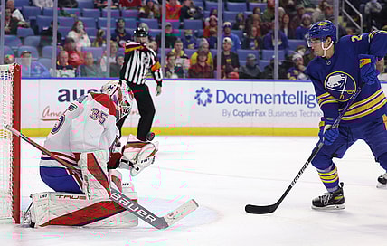 Nov 26, 2021; Buffalo, New York, USA;  Buffalo Sabres center Dylan Cozens (24) waits for a rebound as Montreal Canadiens goaltender Sam Montembeault (35) tries to make a glove save during the second period at KeyBank Center. Mandatory Credit: Timothy T. Ludwig-USA TODAY Sports