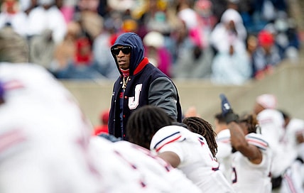 Jackson State coach Deion Sanders watches the Tigers warm up before the game with Alcorn State at the Jack Spinks Football Stadium in Lorman, Miss., Saturday, Nov. 19, 2022.

Tcl Jsu Alcorn