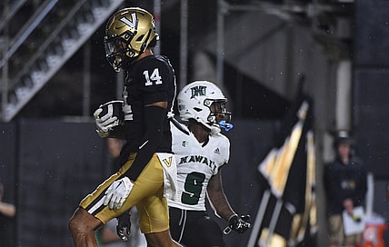 Aug 26, 2023; Nashville, Tennessee, USA; Vanderbilt Commodores wide receiver Will Sheppard (14) catches a touchdown pass during the first half against the Hawaii Warriors at FirstBank Stadium. Mandatory Credit: Christopher Hanewinckel-USA TODAY Sports