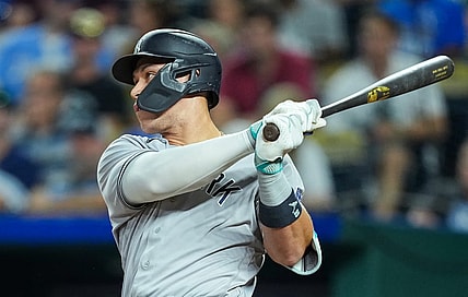 Sep 30, 2023; Kansas City, Missouri, USA; New York Yankees designated hitter Aaron Judge (99) bats during the eighth inning against the Kansas City Royals at Kauffman Stadium. Mandatory Credit: Jay Biggerstaff-USA TODAY Sports