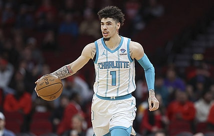 Nov 1, 2023; Houston, Texas, USA; Charlotte Hornets guard LaMelo Ball (1) brings the ball up the court during the first quarter against the Houston Rockets at Toyota Center. Mandatory Credit: Troy Taormina-USA TODAY Sports
