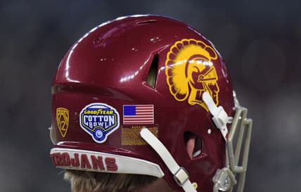 Dec 29, 2017; Arlington, TX, USA; General overall view of the 2017 Cotton Bowl logo on the back of the helmet of Southern California Trojans long snapper Jake Olson at AT&T Stadium. Mandatory Credit: Kirby Lee-USA TODAY Sports