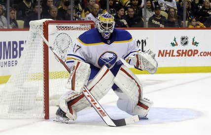 Dec 17, 2021; Pittsburgh, Pennsylvania, USA;  Buffalo Sabres goaltender Malcolm Subban (47) guards the net against the Pittsburgh Penguins during the second period at PPG Paints Arena. Mandatory Credit: Charles LeClaire-USA TODAY Sports