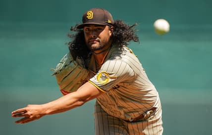 Aug 28, 2022; Kansas City, Missouri, USA; San Diego Padres starting pitcher Sean Manaea (55) warms up during the first inning against the Kansas City Royals at Kauffman Stadium. Mandatory Credit: Jay Biggerstaff-USA TODAY Sports