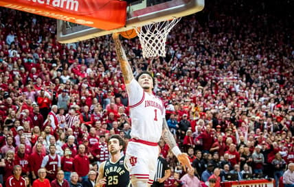 Indiana's Jalen Hood-Schifino (1) dunks during the second half of the Indiana versus Purdue men's basketball game at Simon Skjodt Assembly Hall on Saturday, Feb. 4, 2023.

Iu Pu Mbb 2h Jhs 3