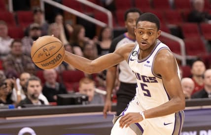 Feb 6, 2023; Houston, Texas, USA; Sacramento Kings guard De'Aaron Fox (5) dribbles against the Houston Rockets in the fourth quarter at Toyota Center. Mandatory Credit: Thomas Shea-USA TODAY Sports