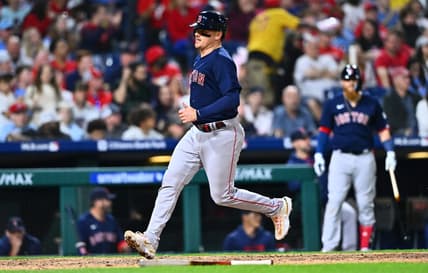 May 6, 2023; Philadelphia, Pennsylvania, USA; Boston Red Sox catcher Reese McGuire (3) crosses the plate to score against the Philadelphia Phillies in the sixth inning at Citizens Bank Park. Mandatory Credit: Kyle Ross-USA TODAY Sports