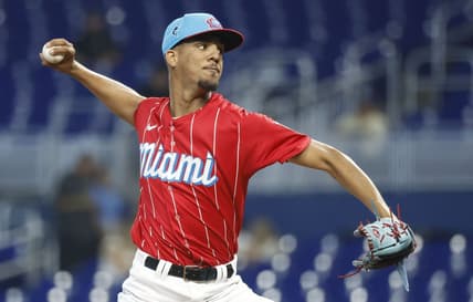 Jun 3, 2023; Miami, Florida, USA; Miami Marlins starting pitcher Eury Perez (39) pitches against the Oakland Athletics during the first inning at loanDepot Park. Mandatory Credit: Rhona Wise-USA TODAY Sports