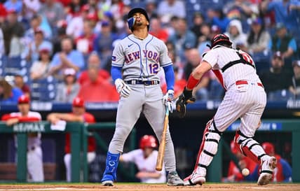 Jun 23, 2023; Philadelphia, Pennsylvania, USA; New York Mets shortstop Francisco Lindor (12) reacts after striking out against the Philadelphia Phillies in the first inning at Citizens Bank Park. Mandatory Credit: Kyle Ross-USA TODAY Sports