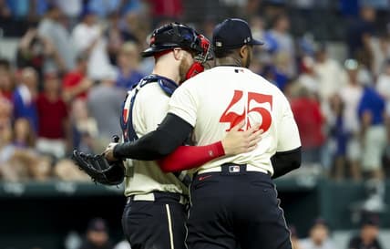 Jul 15, 2023; Arlington, Texas, USA;  Texas Rangers relief pitcher Aroldis Chapman (45) and Texas Rangers catcher Jonah Heim (28) celebrate after the game against the Cleveland Guardians at Globe Life Field. Mandatory Credit: Kevin Jairaj-USA TODAY Sports