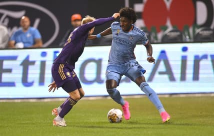 Sep 20, 2023; Queens, New York, USA; New York City FC forward Talles Magno (43) tries to get past Orlando City SC midfielder Dagur Dan Thorhallsson (23) during the second half at Citi Field. Mandatory Credit: John Jones-USA TODAY Sports