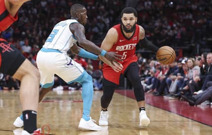 Nov 1, 2023; Houston, Texas, USA; Houston Rockets guard Fred VanVleet (5) controls the ball as Charlotte Hornets guard Terry Rozier (3) defends during the third quarter at Toyota Center. Mandatory Credit: Troy Taormina-USA TODAY Sports