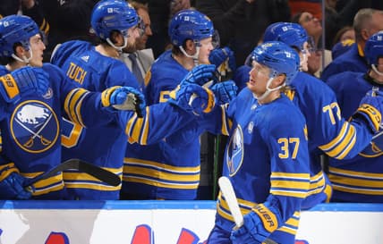 Dec 30, 2023; Buffalo, New York, USA;  Buffalo Sabres center Casey Mittelstadt (37) celebrates his goal with teammates during the third period against the Columbus Blue Jackets at KeyBank Center. Mandatory Credit: Timothy T. Ludwig-USA TODAY Sports
