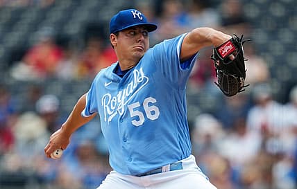 Jul 27, 2022; Kansas City, Missouri, USA; Kansas City Royals starting pitcher Brad Keller (56) pitches against the Los Angeles Angels during the first inning at Kauffman Stadium. Mandatory Credit: Jay Biggerstaff-USA TODAY Sports
