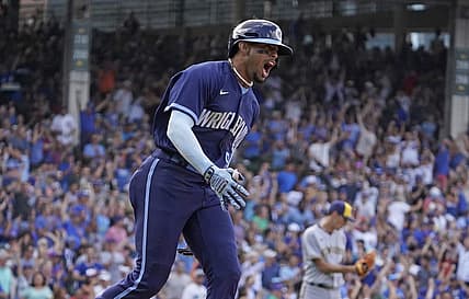 Aug 19, 2022; Chicago, Illinois, USA; Chicago Cubs shortstop Christopher Morel (5) runs the bases after hitting a two run home run against the Milwaukee Brewers during the sixth inning at Wrigley Field. Mandatory Credit: David Banks-USA TODAY Sports