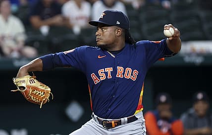 Aug 30, 2022; Arlington, Texas, USA;  Houston Astros starting pitcher Framber Valdez (59) throws during the first inning against the Texas Rangers at Globe Life Field. Mandatory Credit: Kevin Jairaj-USA TODAY Sports