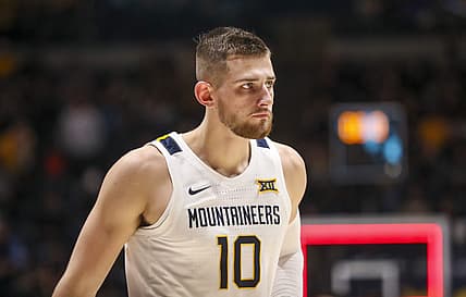 Dec 7, 2022; Morgantown, West Virginia, USA; West Virginia Mountaineers guard Erik Stevenson (10) walks off the court at halftime against the Navy Midshipmen at WVU Coliseum. Mandatory Credit: Ben Queen-USA TODAY Sports