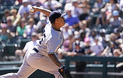 Aug 15, 2021; Chicago, Illinois, USA; New York Yankees starting pitcher Nestor Cortes (65) throws a pitch against the Chicago White Sox during the first inning at Guaranteed Rate Field. Mandatory Credit: David Banks-USA TODAY Sports