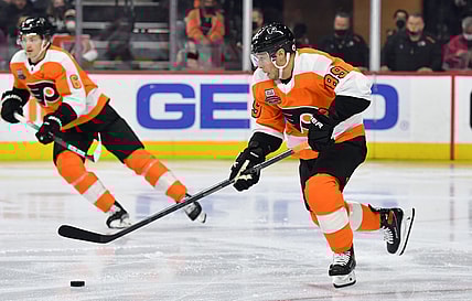 Nov 16, 2021; Philadelphia, Pennsylvania, USA; Philadelphia Flyers right wing Cam Atkinson (89) skates with the puck against the Calgary Flames at Wells Fargo Center. Mandatory Credit: Eric Hartline-USA TODAY Sports
