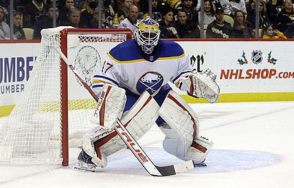 Dec 17, 2021; Pittsburgh, Pennsylvania, USA;  Buffalo Sabres goaltender Malcolm Subban (47) guards the net against the Pittsburgh Penguins during the second period at PPG Paints Arena. Mandatory Credit: Charles LeClaire-USA TODAY Sports
