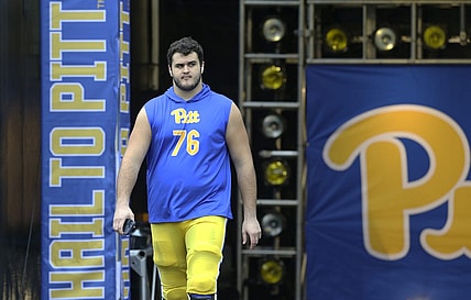 Oct 23, 2021; Pittsburgh, Pennsylvania, USA;  Pittsburgh Panthers offensive lineman Matt Goncalves (76) takes the field to warm up against the Clemson Tigers at Heinz Field. Mandatory Credit: Charles LeClaire-USA TODAY Sports