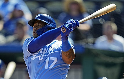 Sep 20, 2023; Kansas City, Missouri, USA; Kansas City Royals right fielder Nelson Velazquez (17) hits a home run during the first inning against the Cleveland Guardians at Kauffman Stadium. Mandatory Credit: Jay Biggerstaff-USA TODAY Sports