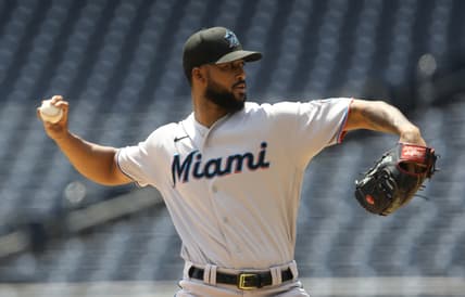 Jun 6, 2021; Pittsburgh, Pennsylvania, USA; Miami Marlins starting pitcher Sandy Alcantara (22) delivers a pitch against the Pittsburgh Pirates during the first inning at PNC Park. Mandatory Credit: Charles LeClaire-USA TODAY Sports